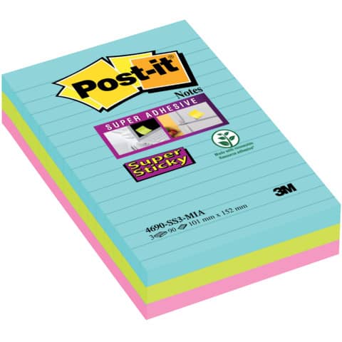 Haftnotiz Super Sticky Notes - 101 x 152 mm, liniert, 3x 90 Blatt