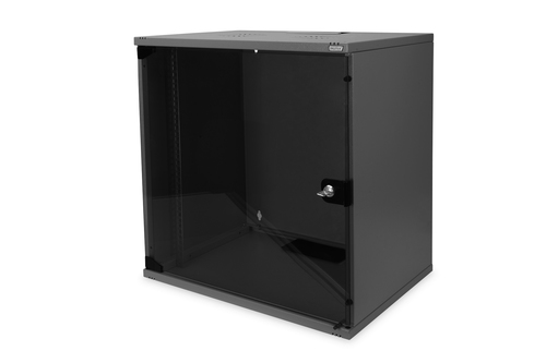DIGITUS 12U wall mounting cabinet SoHo unmounted 595x540x400mm glass front door black RAL 9005