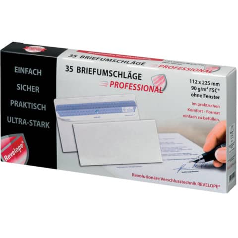 Briefumschlag Revelope® - 112 x 225 mm, o. Fenster, weiß, 90 g/qm, Innendruck, Revelope-Klebung, 35 Stück