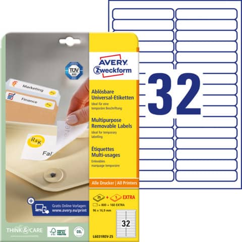 L6031REV-25 Universal-Etiketten, 96 x 16,9 mm, 30 Bogen/960 Etiketten, weiß